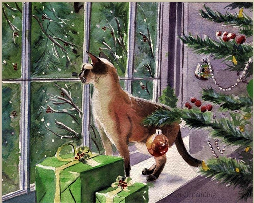-Christmas-Tree-and-Christmas-Gifts-the-Cat-Looking-Oil-Painting-Christmas