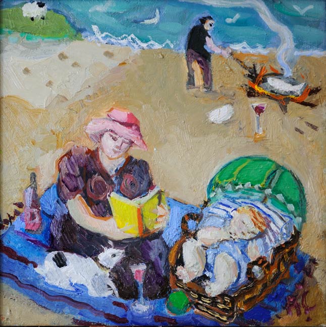 Anthea Craigmyle,(GB, 1933-2016) Piquenique com bebê e peixe, ost, 20 x 20