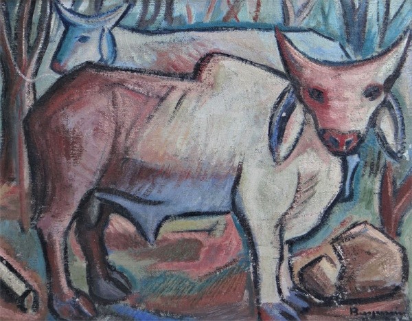 BENJAMIM SILVA (CE 1927) Bois no pasto - Óleo s tela 54 x 66 cm. ass. inf. direito e verso 1955