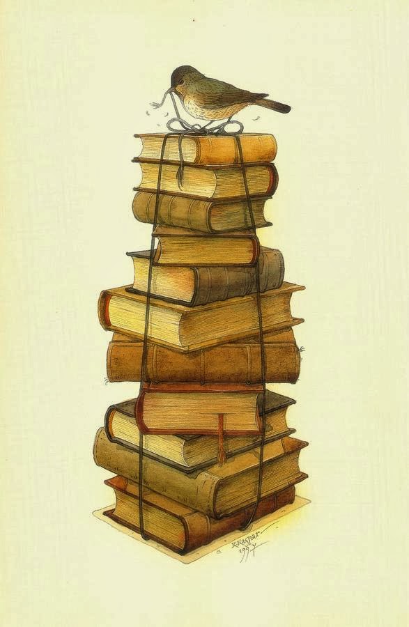 Livros e Pequeno Pássaro - Kestutis Kasparavicius, Pintor lituano contemporâneo (n.1954)
