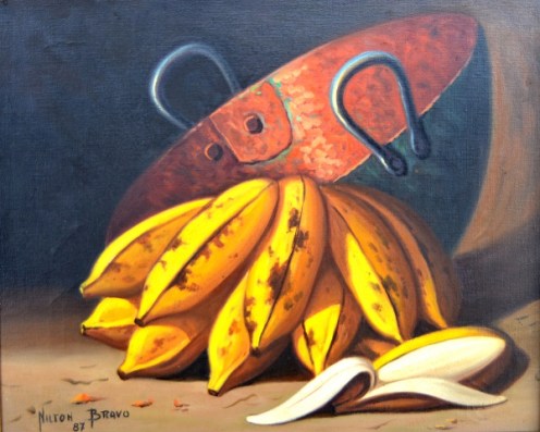 Nilton Bravo Óleo sobre tela Bananas com tacho de cobre. Assinado e datado 1987 (frente e verso) Medindo 30x40