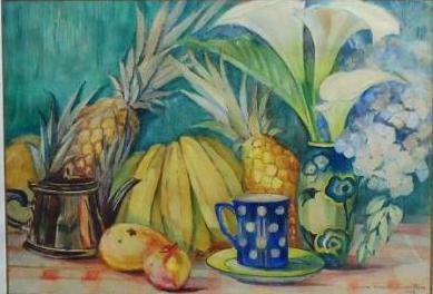 VISCONTI CAVALLEIRO, Yvonne (1901-1965) - Frutos sobre a mesa, aquarela - 47 x 67 cm. Assinado e datado 1943. (2)