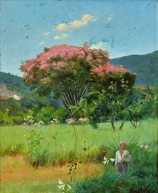 BAPTISTA DA COSTA, João (1865 – 1926) Paisagem com figura, o.s.m. 60 x50 cm. Ass. e dat. 1894.