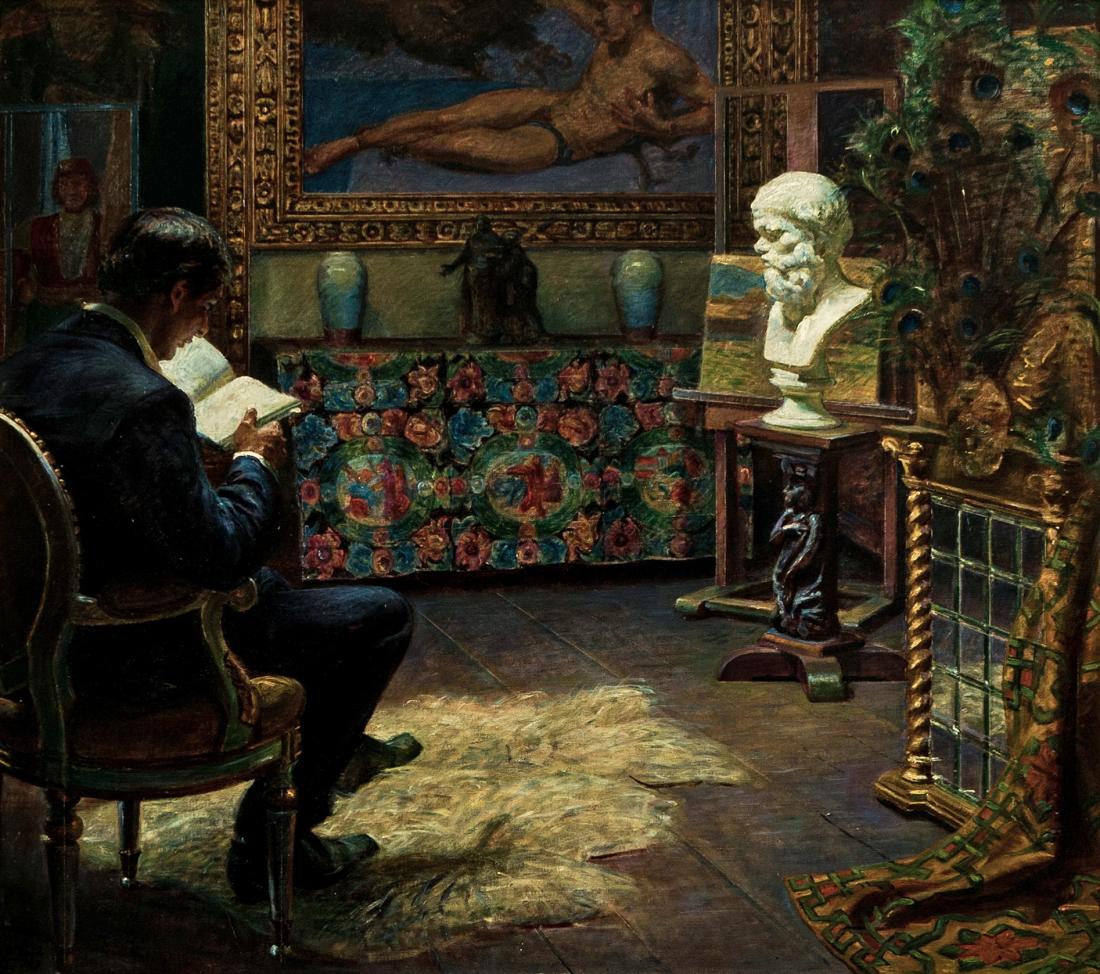 Kristian Zahrtmann, Interior with Young Man Reading, 1912. Oil on canvas, 70 x 63 cm. Bornholm Art Museum, inv. no. 375x58.