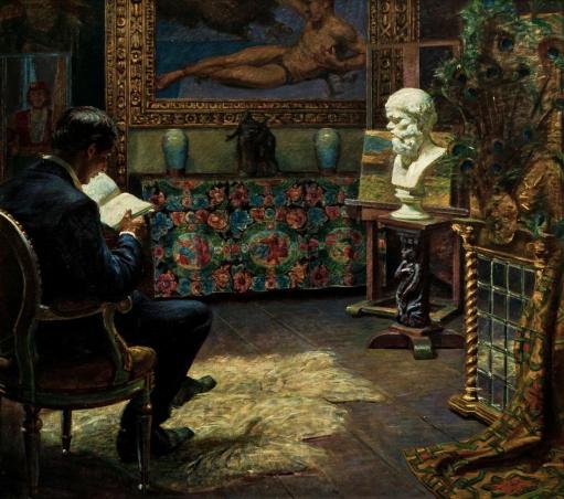 Kristian Zahrtmann, Interior with Young Man Reading, 1912. Oil on canvas, 70 x 63 cm. Bornholm Art Museum, inv. no. 375x58.