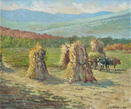 Ludovico Nicolelli (Brasil, contemporâneo)Recolhendo Feno,70 cm x 60 cm,Óleo sobre Tela, 1975