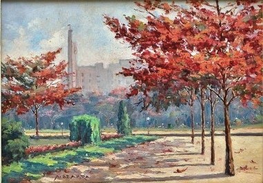 AUGUSTO SEABRA -Praça Paris, óleo sobre eucatex 24 x 33 cm. Assinado no canto inferior direito.
