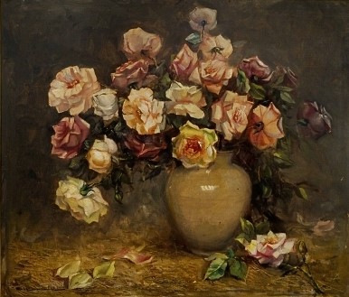 CARLOS OSWALD (1882-1972). Vaso com Rosas, óleo s tela, 70 X 80.