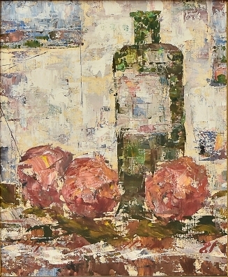 JOSE PAULO MOREIRA DA FONSECA (1922-2004)Garrafa e Maçãs Sobre a Mesa, óleo seucatex, 40 x 33. Assinado no c.i.d. e datado (1981) no c.i.d.