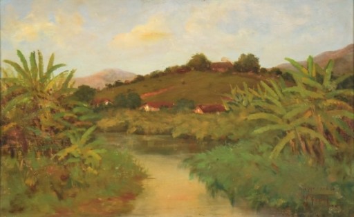 WALTER FEDER (1910-1957). Paisagem do Rio Piabanha - RJ, óleo s madeira, 42 X 65. Assinado e datado (1944)