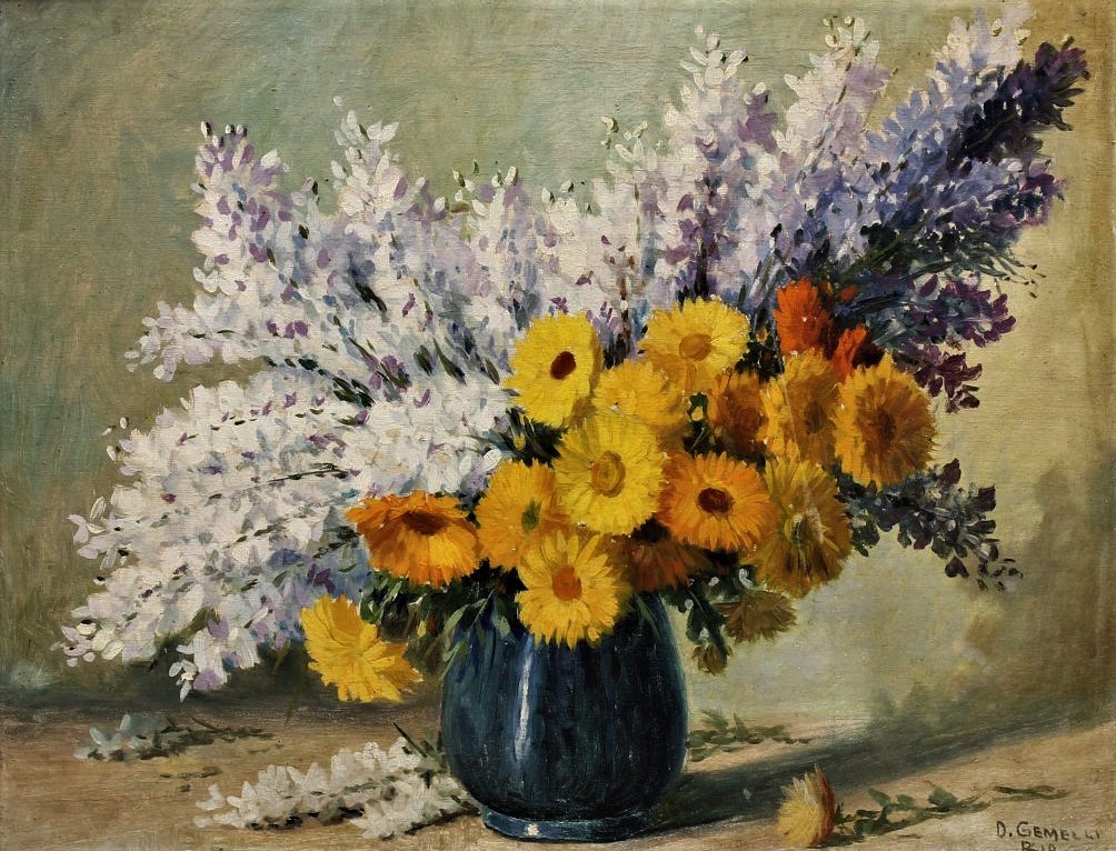 D. GEMELLI, (Domingos Gemelli), óleo sobre tela, jarro com flores, 70 x 55 cm.