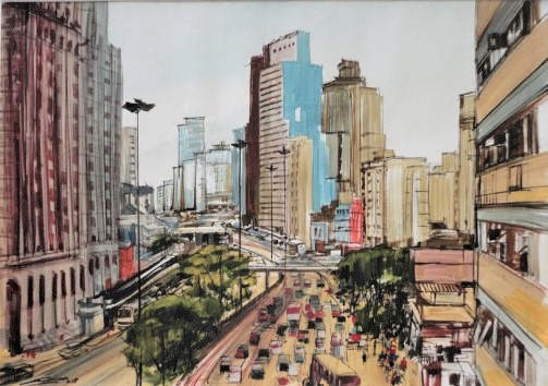 EDSON SOUZA - Av. Prestes Maia SP, ast, 50x70cm, assinado.