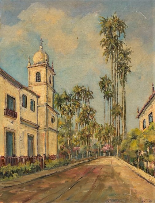 ETHEL LOURDES DE OLIVEIRA – `Igreja de Vassouras`, óleo sobre tela, assinada no verso. Menção honrosa no Salão Feminino de 1960. 64 x 48 cm.
