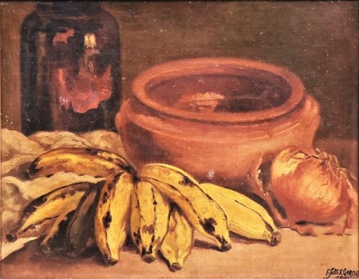 F. Soler Garcia (BRASIL - SÉC. XIX-XX). Pote, Bananas e Cebolas sobre a Mesa, óleo smadeira, 27 x 35. Assinado e datado no c.i.d.