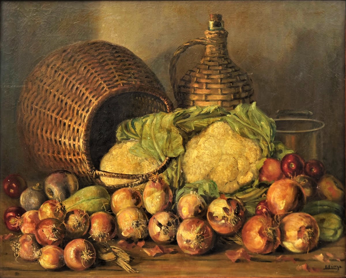 JOSE LIMA (1910-1980). Legumes, Cesta, Garrafão e Panela sobre a Mesa, óleo stela, 65 X 81