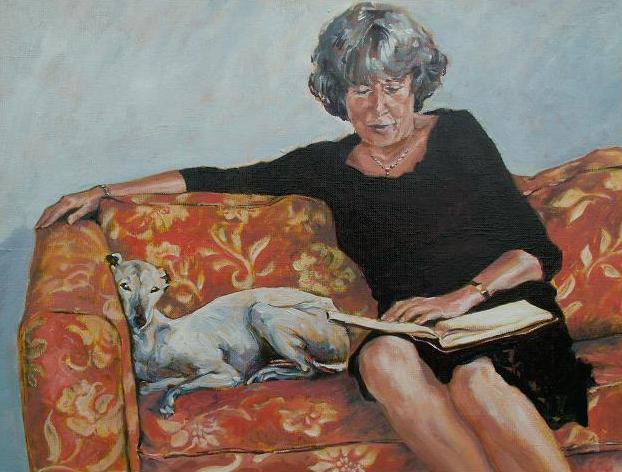 Birbee (Holanda, contemporânea)Mulher lendo com cachorroost, 40 x 50cm,wwwbirbee.nl.