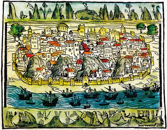 City by the sea, a view of Lisbon, 1548, Spanish woodcut.