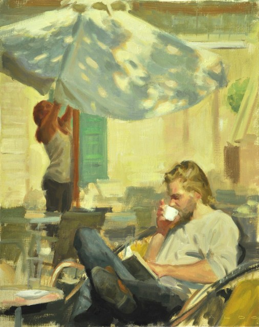 Coffee and Parasol, Aldo Balding(GB,1960), Oil on canvas, 50cm x 40cm