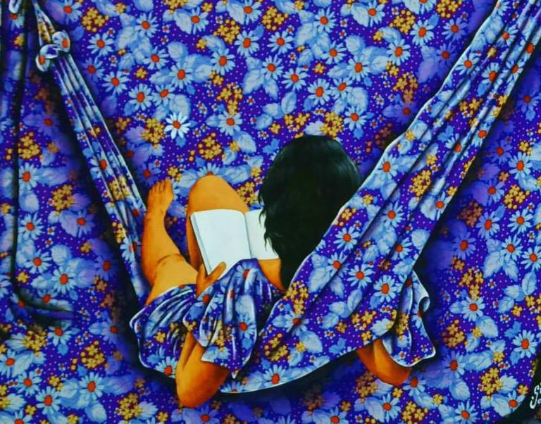 Gildásio Jardim Barbosa- do vale do Jequitinhonha - MG. Trabalho de pintura sobre tecidos estampados em tela. Que faz fusão dos personagens com as estampas -2