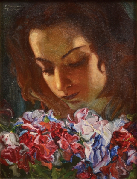 OSWALDO TEIXEIRA (1904-1975). Dama com Flores, óleo s cartão, 39 X 29. (Década de 30). Assinado no c.s.e. Reproduzido com foto no catálogo