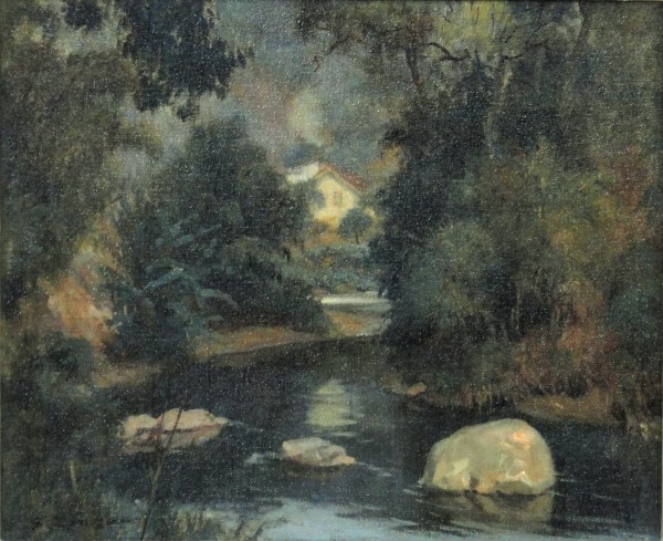 SALVADOR CARUSO (SÃO PAULO, 1906-1951). A Curva do Rio Piabanha - Petrópolis, óleo s tela, 38 x 46. Assinado no c.i.e. e no verso (1946).