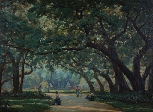 Edgar Walter - Quadro á óleo sobre tela representando Parque com figuras.54 x 72 cm