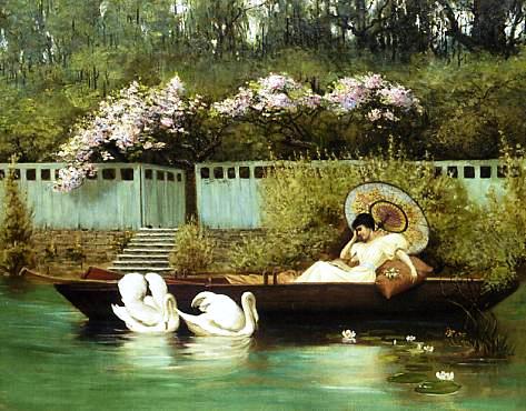 Geza Polgary (Hungria 1862-1919) Moça lendo em um barco, 1889, ost