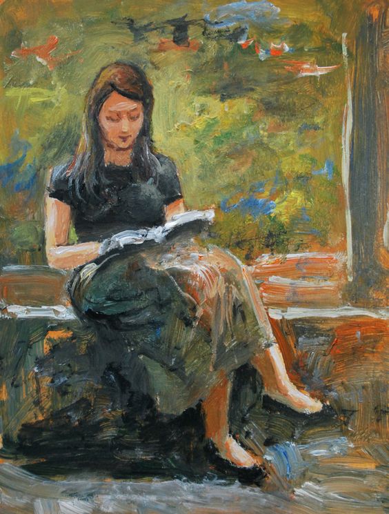 Girl reading, Painting by Vishalandra Dakur (India), Oil on Wood. Its dimensions are 25.4x20.3x0.5 cm.