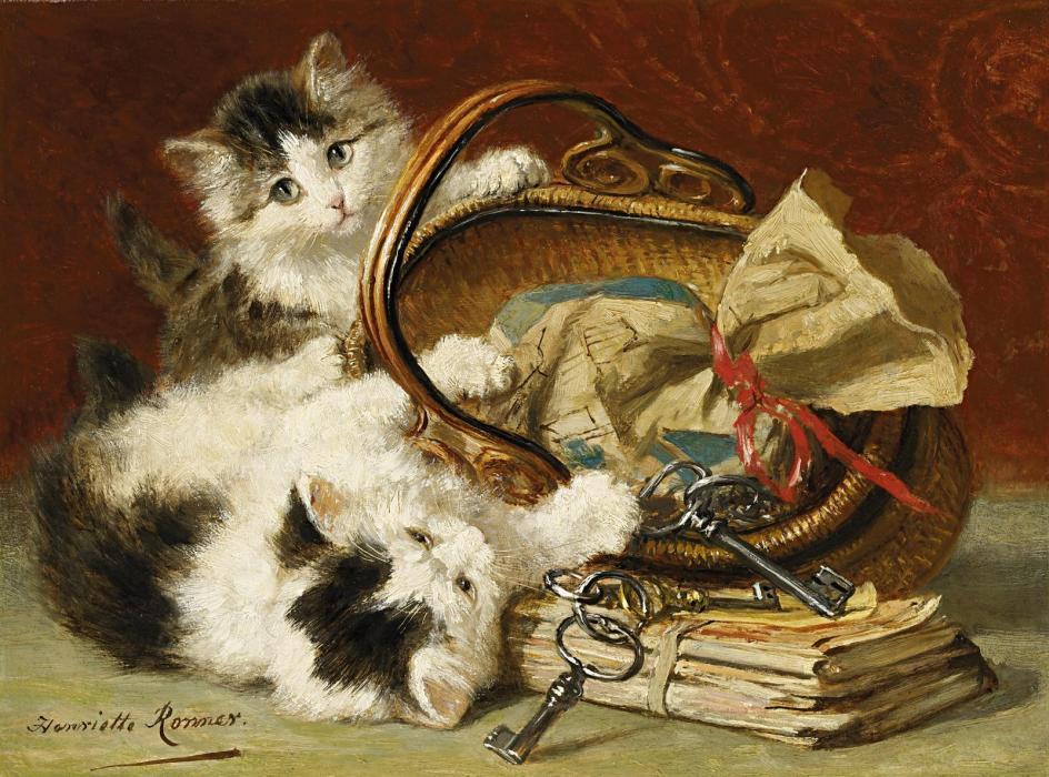 Henriette Ronner-Knip Two kittens playing with a basket. Oil on wood. 24 x 32.5cm