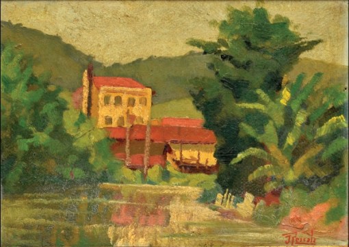 RESCALA, JOÃO JOSE (1910-1990). Paisagem com Casario e Riacho no Estado do Rio, óleo s cartão, 26 X 32. Assinado no c.i.d. (Década de 30).