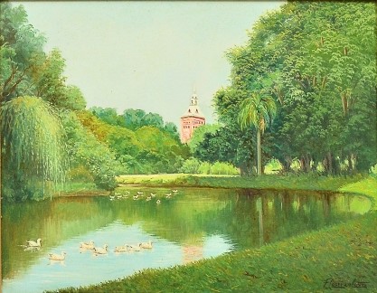 FERNANDO CORREA E CASTRO (1933). Campo de Santana em Dia de Sol, ao Fundo Torre do Corpo de Bombeiros, óleo stela, 40 x 50.