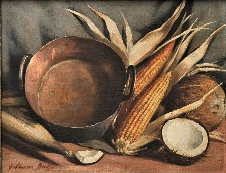 GUTTMAN BICHO, GALDINO (1888-1955). Tacho, Espigas de Milho e Cocos sobre a Mesa, óleo smadeira, 38 X 50. Assinado no c.i.e e datado (1944) no verso