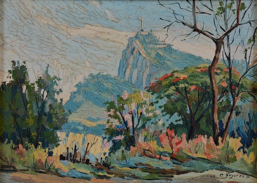 Carlos Geyer (Brasil, 1912), oleo sobre madeira, iRio de Janeiro, paisagem com cristo redentor, 1965, 38 x 54 cm