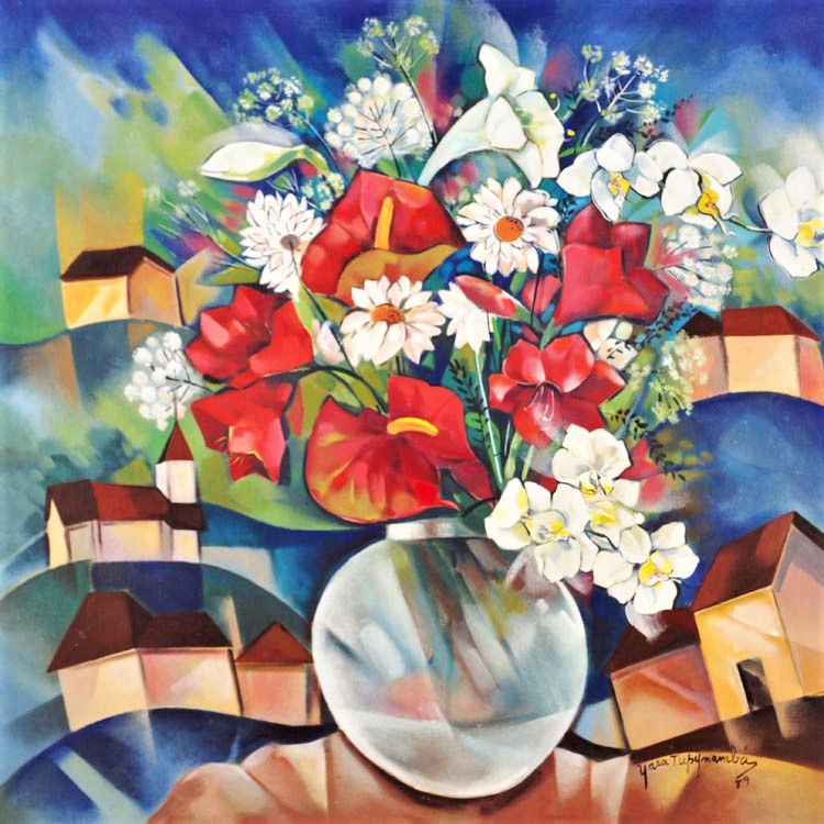 Yara Tupynambá, vaso de flores na paisagem mineira, vinil sobre tela, 1989, 90 x 90 cm
